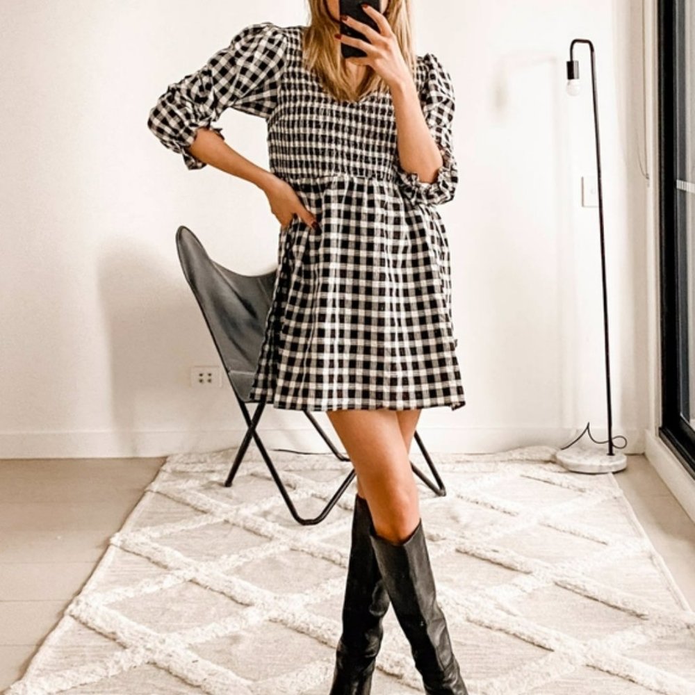 PAPER HEART Black White Gingham Check Smock Mini Dress
